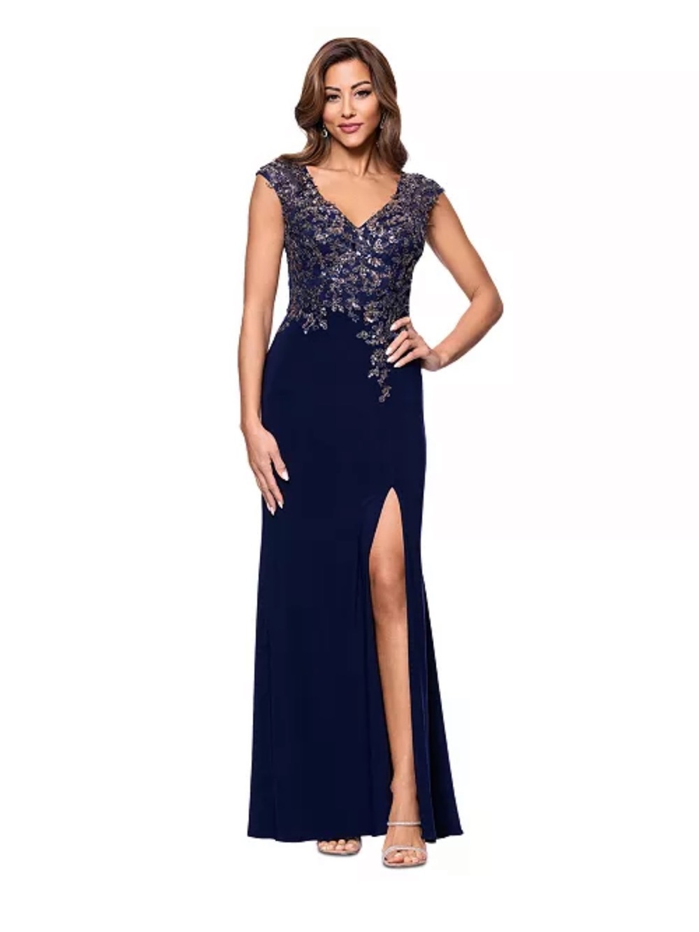 Xscape Navy Blue Women's Embellished V-Neck Sleeveless Gown